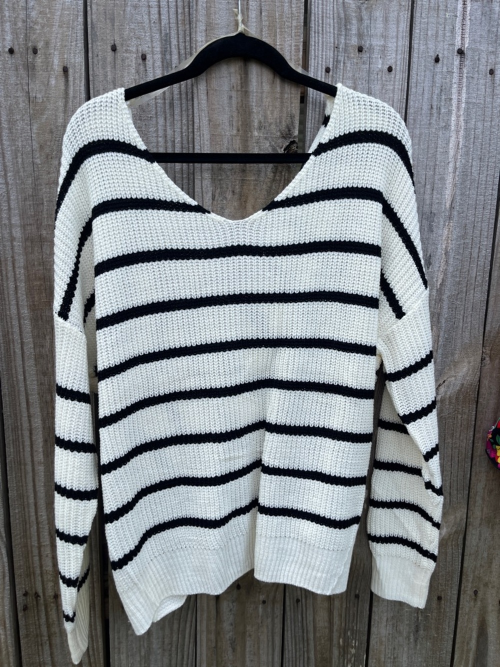 Main Strip Black and White Striped V-Neck Sweater